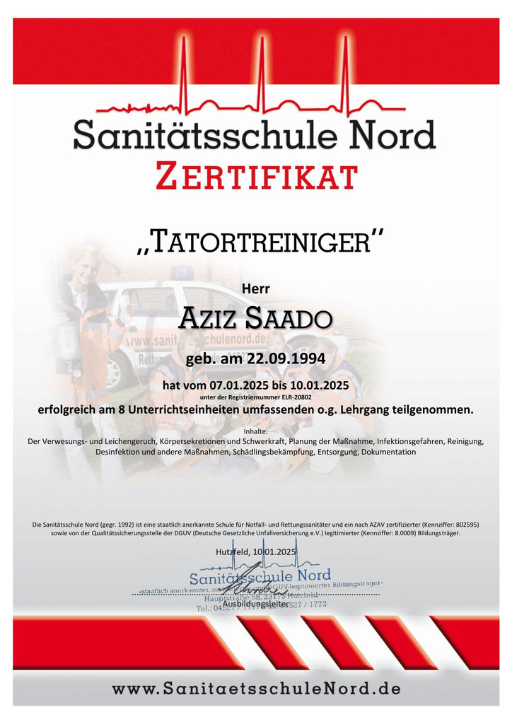 Zertifikat Tatortreiniger – Sanitätsschule Nord